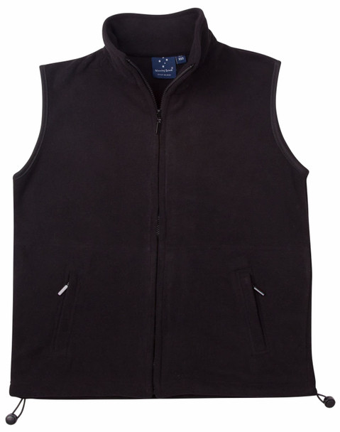A black unisex polar fleece vest featuring a zip front and side pockets, with a logo on the upper part.