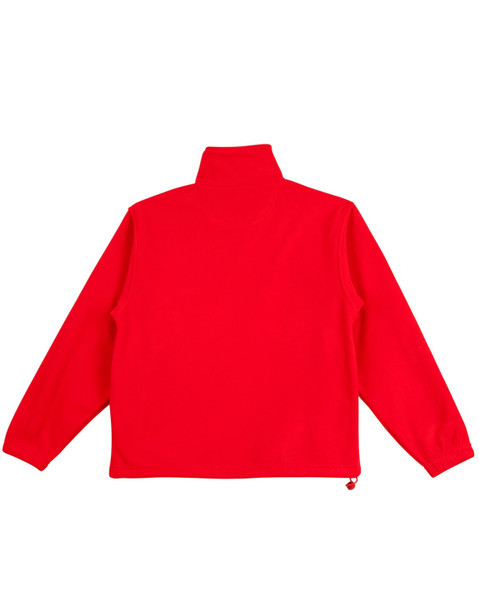 A red unisex polar fleece jumper with long sleeves and a high collar, featuring a logo.