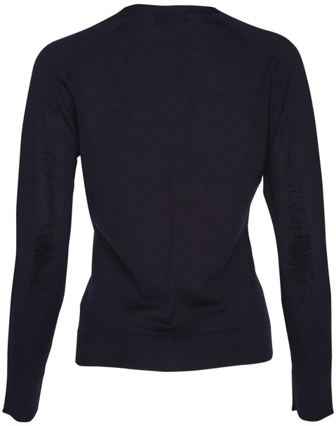 A women's long-sleeve cardigan in dark navy, made from 100% merino wool, featuring ribbed cuffs and hem.