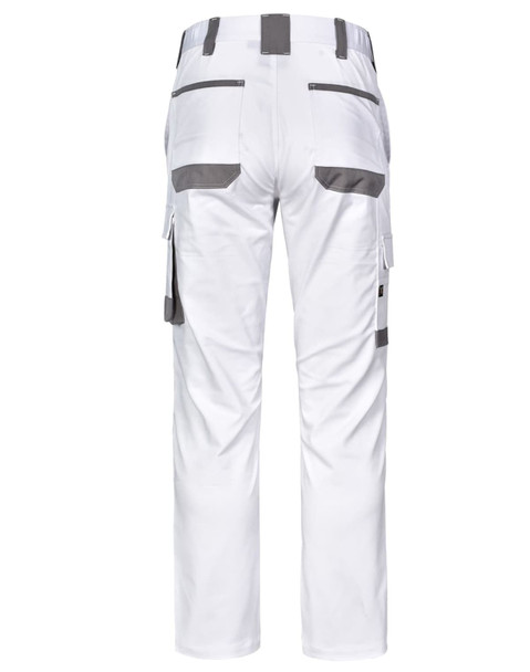 Unisex utility stretch cargo work pants in white, featuring multiple pockets and a logo.
