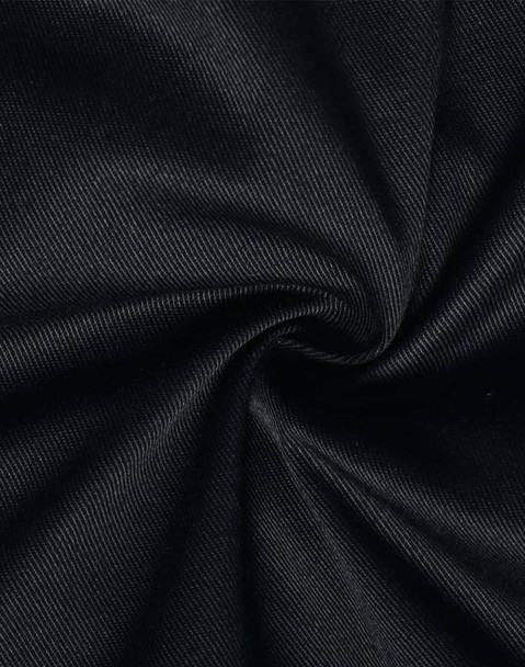 A close-up of a black fabric displaying a sturdy, textured weave, suitable for cargo work pants.
