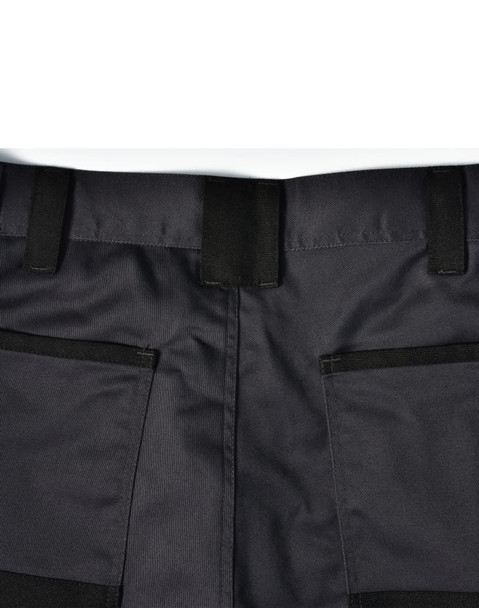 A pair of black unisex cargo work pants featuring multiple pockets and a sturdy waistband.
