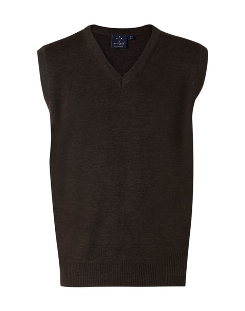 A dark green V-neck wool and acrylic knit vest featuring a sleeveless design and a plain finish.