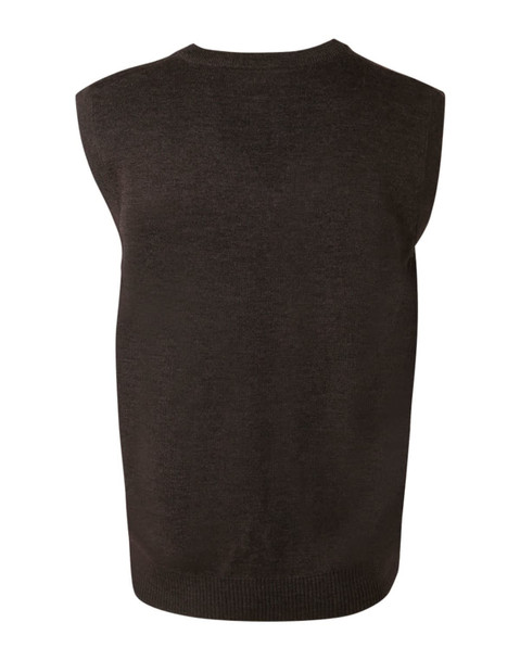 A dark brown v-neck wool and acrylic knit vest featuring a sleeveless design and ribbed hem.