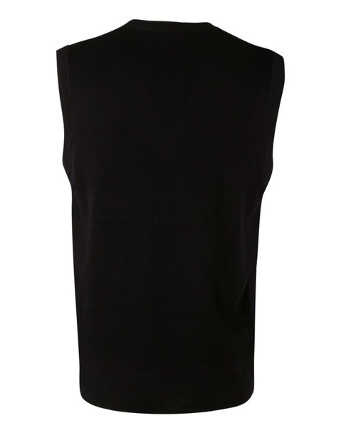 A black V neck wool and acrylic knit vest, featuring a sleeveless design and ribbed bottom hem.