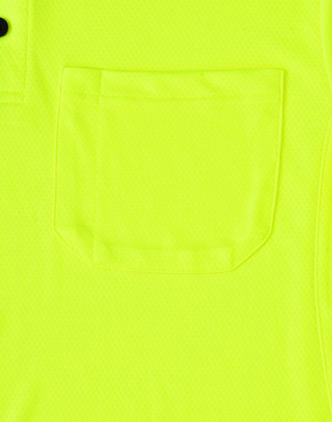 A bright yellow short-sleeved polo shirt featuring a pocket and a logo.