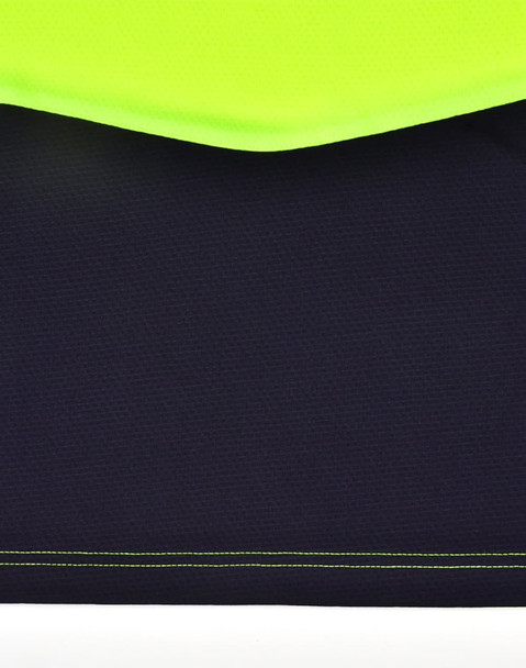 A unisex hi-vis polo shirt featuring a vibrant yellow upper portion and navy blue lower section, with a logo present.