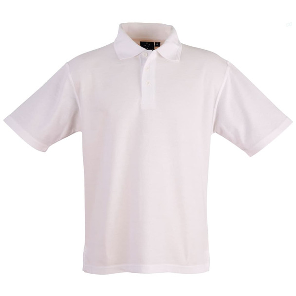 A white unisex traditional polo shirt featuring a collar and short sleeves, with a logo on the front.