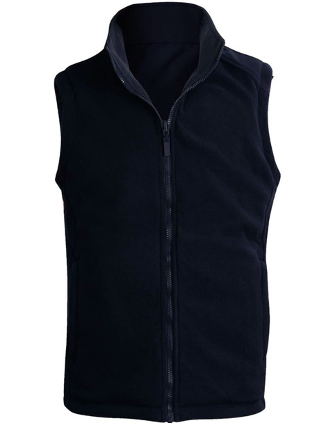 A unisex reversible vest in navy blue with a zip front and a collar. The design features no sleeves.