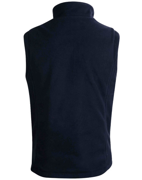 A navy unisex reversible vest with a high collar and no sleeves, featuring a logo.