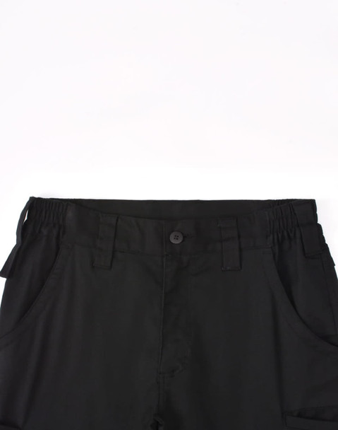 A pair of black unisex cotton stretch ripstop work pants with a button and adjustable waistband.