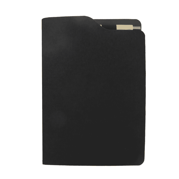 A black A5 notebook with a slim profile, featuring an interior pocket for notes or cards and a logo on the cover.