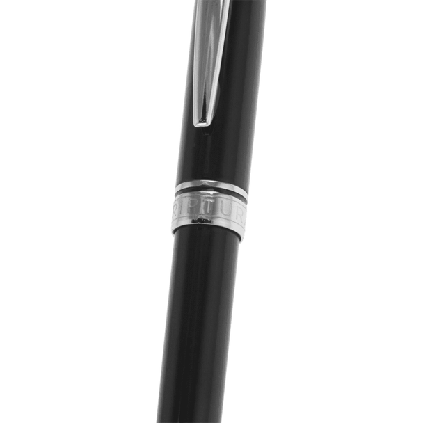 A metal ballpoint pen with a glossy black finish and a shiny silver accent, featuring a logo.