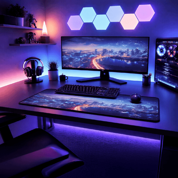 A rubber desk mat featuring a cityscape design on a sleek black surface, complementing a modern office setup.