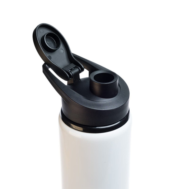 A drink bottle in white with a black free flow lid and a branding logo on the side.