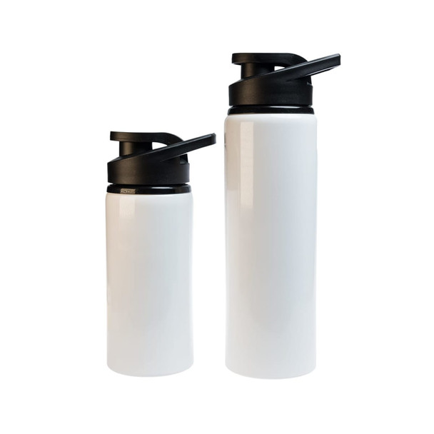 A drink bottle set featuring a white finish and a black free flow lid, includes two sizes. One bottle is larger than the other.