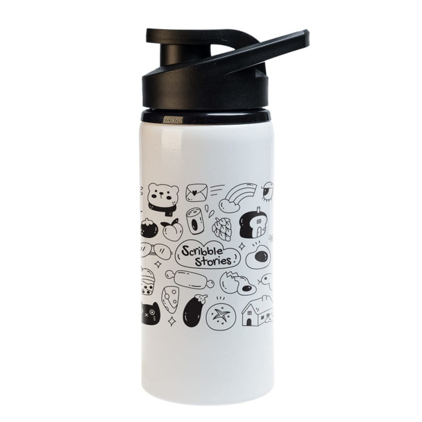 A drink bottle featuring a white body with black illustrations and a black free flow lid.