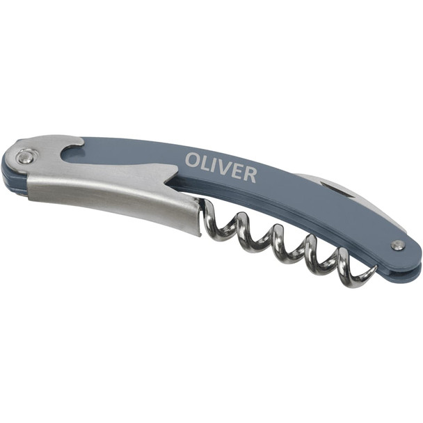 A grey and silver waitress knife featuring a corkscrew and a knife blade, with a logo on the handle.