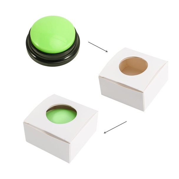 A green voice recording button on a black base, positioned above two white boxes with circular cut-outs.