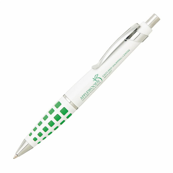 A metal pen with a white barrel and green accents, featuring a logo on the side.