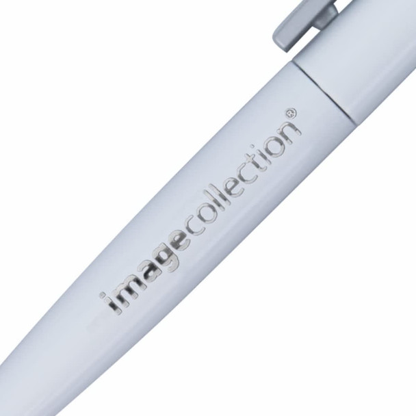 A white metal pen featuring a shiny finish and a logo on the side.