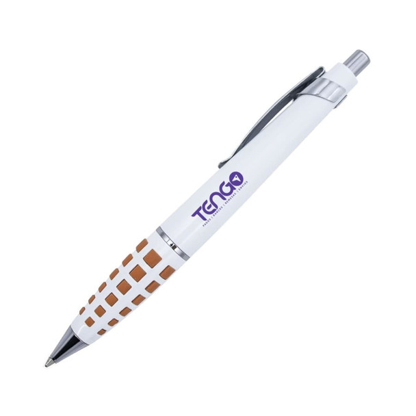 A metal pen with a white barrel and brown patterned grip, featuring a logo on the side.