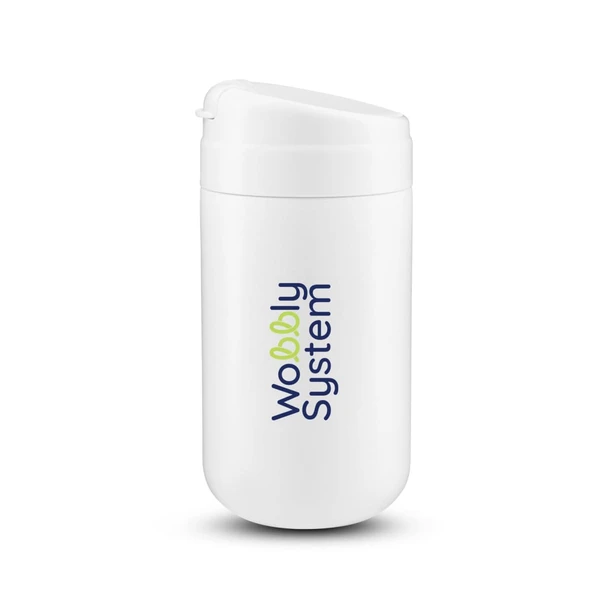 A drink bottle in white with a secure lid and a logo featuring colourful text.