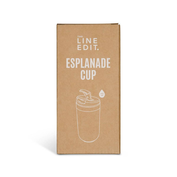 A coffee cup packaging in cream with a lid, featuring a simple logo and a water droplet design.