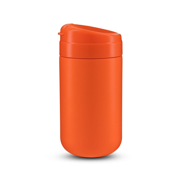 An orange coffee cup with a lid, featuring a smooth finish and a sleek design. It has a branding logo on it.
