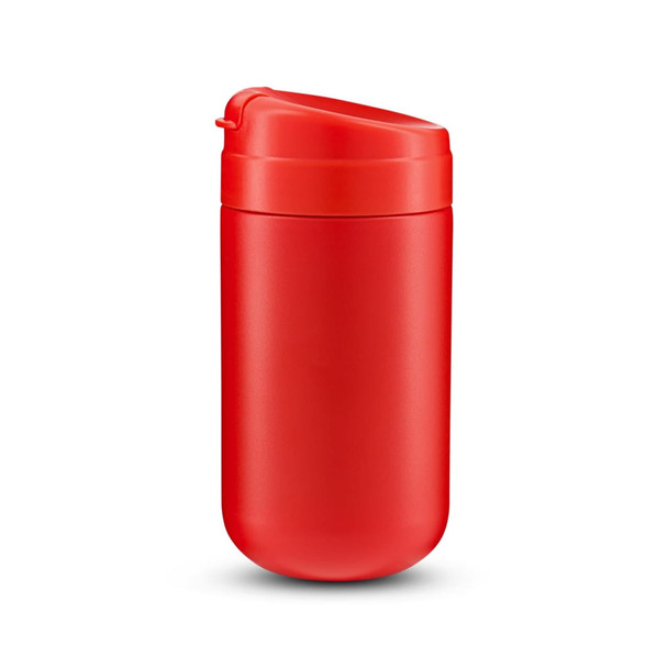 A coffee cup in bright red with a secure lid and a smooth finish, featuring a logo on the side.