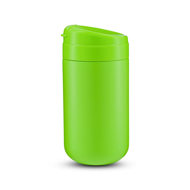 A green coffee cup with a secure lid and a sleek design. It features a logo.
