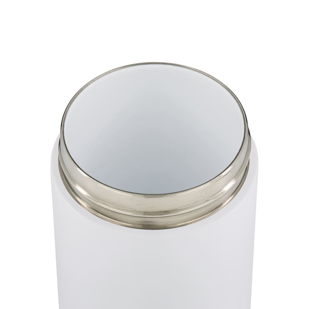 A drink bottle featuring a white body with a silver rim, showcasing a smooth, modern design.