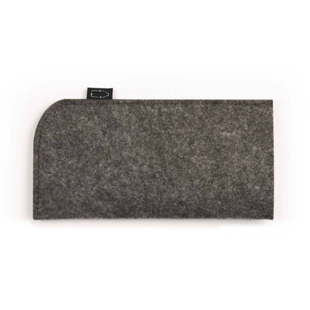 A grey felt sleeve for protecting sunglasses, featuring a rounded edge. It has a small logo on the side.