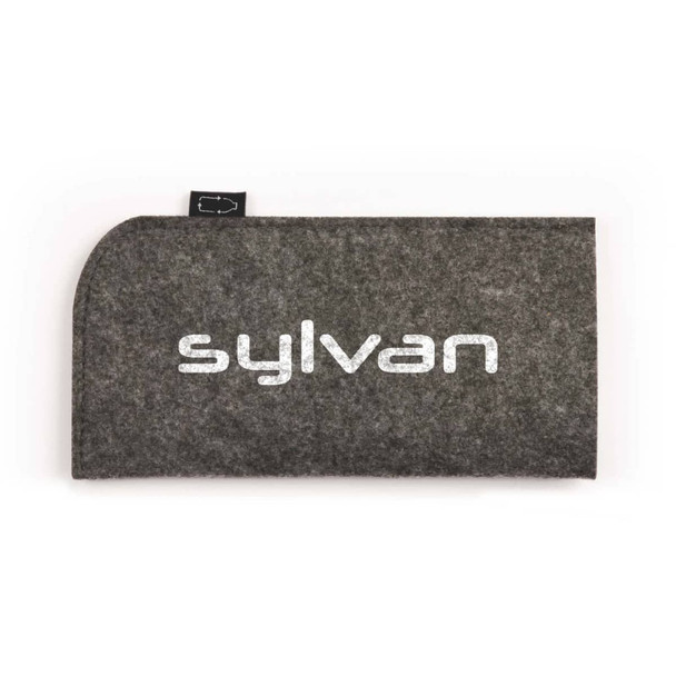 A grey felt sunglasses case with a rounded edge and a brand logo displayed prominently.
