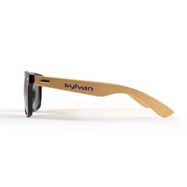 Sunglasses with black lenses and bamboo-style temples featuring a logo on the side.