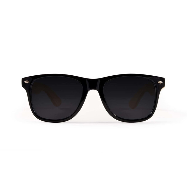 Bamboo sunglasses with a black frame and dark lenses, featuring a logo on the side.