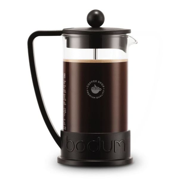 A French press coffee maker in black, with a glass body and a branded base, ideal for brewing coffee.