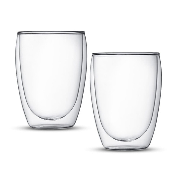 Two clear glass tumblers featuring a double wall design, offering an elegant and modern look.