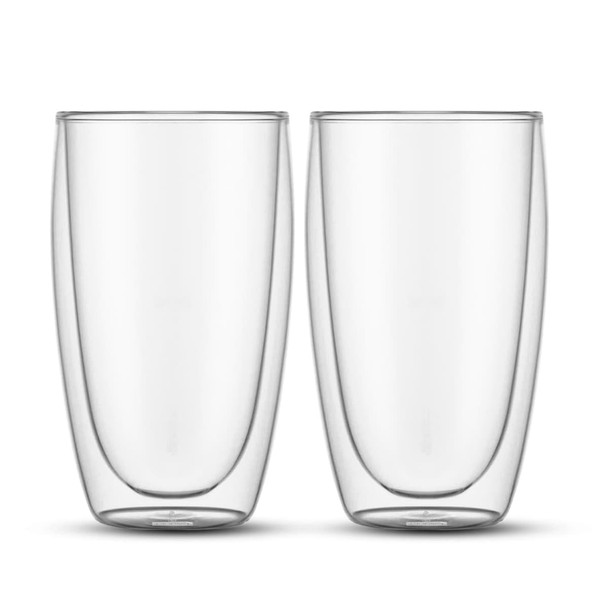 A set of two large, clear double wall glasses with a sleek design. Ideal for various drinks.