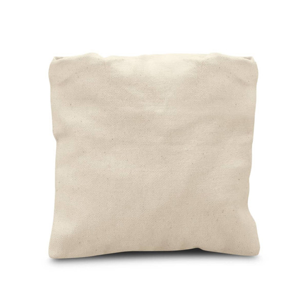 A small, cream-coloured cotton mesh tote bag with a simple design and an attached logo.