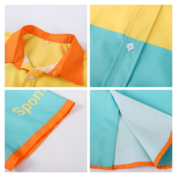 A button-up shirt featuring orange, yellow, and turquoise colours with a logo. Soft polyester-spandex material visible.