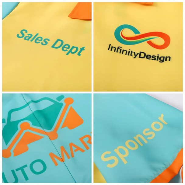 A vibrant yellow and teal Hawaiian button-up shirt featuring an orange collar and branding details.