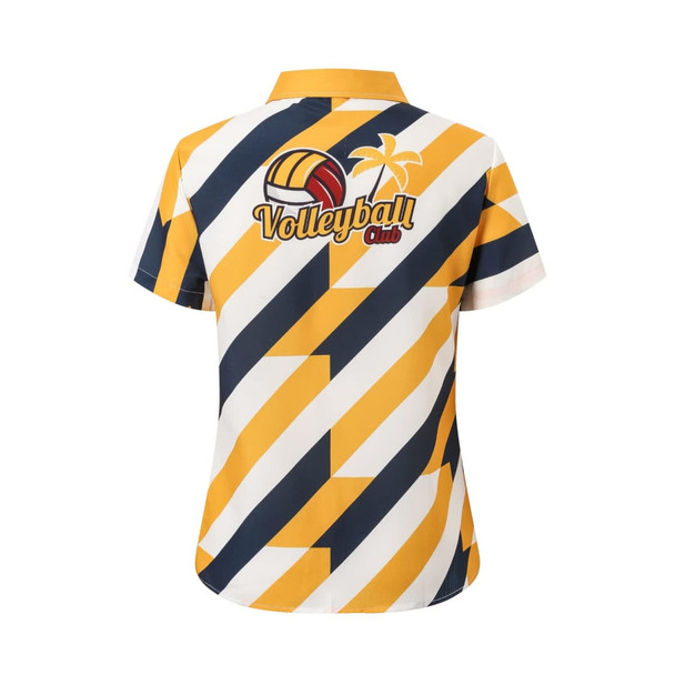 A button-up women's shirt in navy, yellow, and white with a volleyball design and a palm tree. It features a logo.