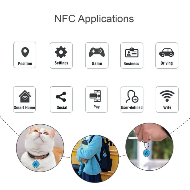 NFC epoxy round tag with a metal keyring, featuring a light blue design and a branded logo.