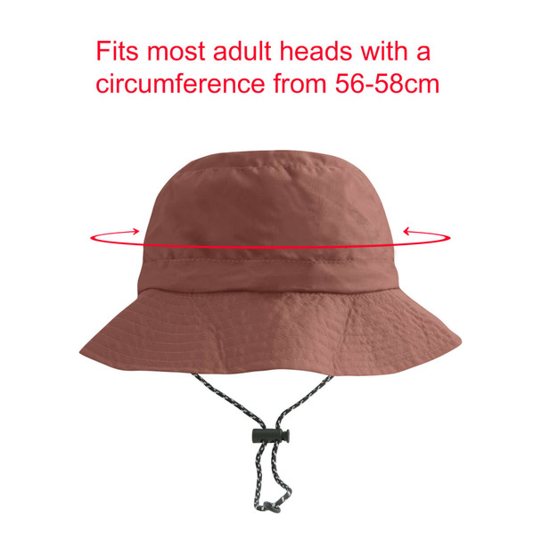 A foldable bucket hat in a warm terracotta colour, featuring a chin strap and a branding logo.