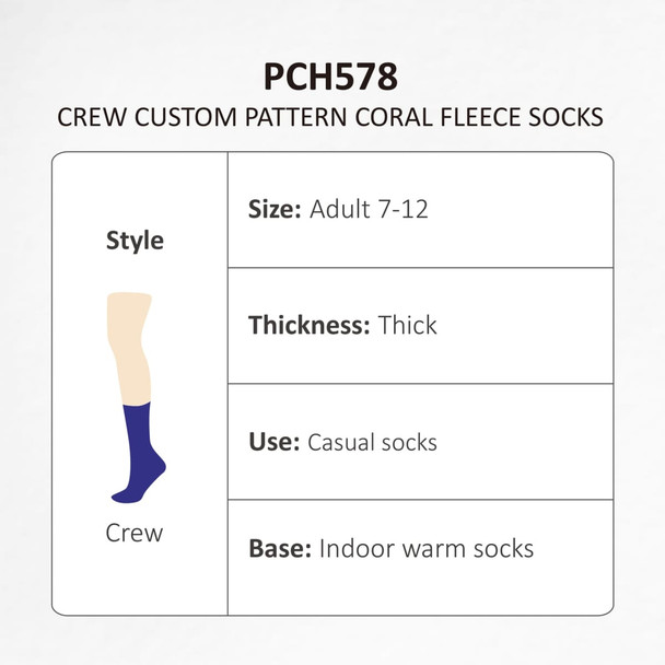 A pair of thick crew socks in coral fleece, suitable for adults size 7-12, featuring a textured pattern.