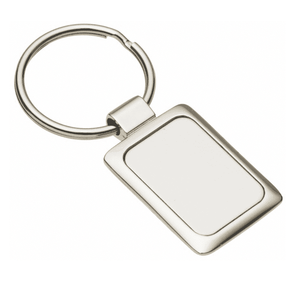 A rectangular silver keychain with a smooth, blank surface and a metal ring attachment.