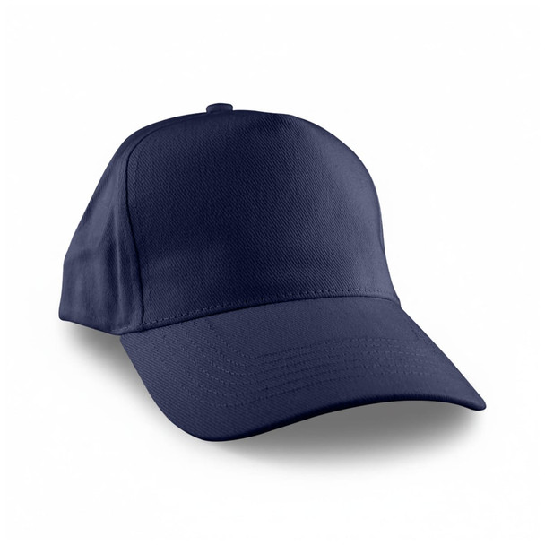 A navy blue cap with a structured design and a curved brim, featuring a logo on the front.