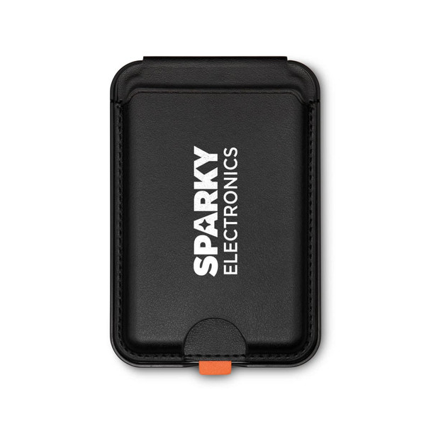 A black Cozy Phone Wallet with a logo, featuring a secure closure and a contrasting orange accent.