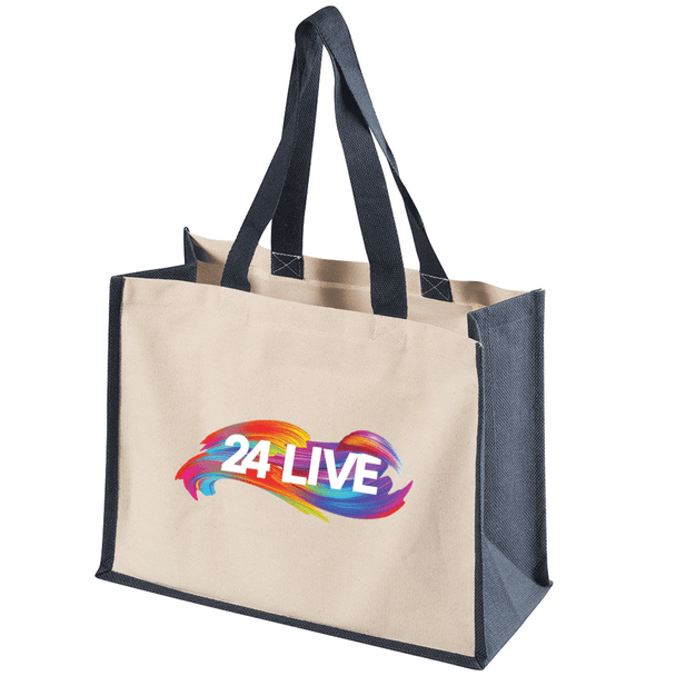 A beige and navy functional tote bag with dual handles and a logo design.